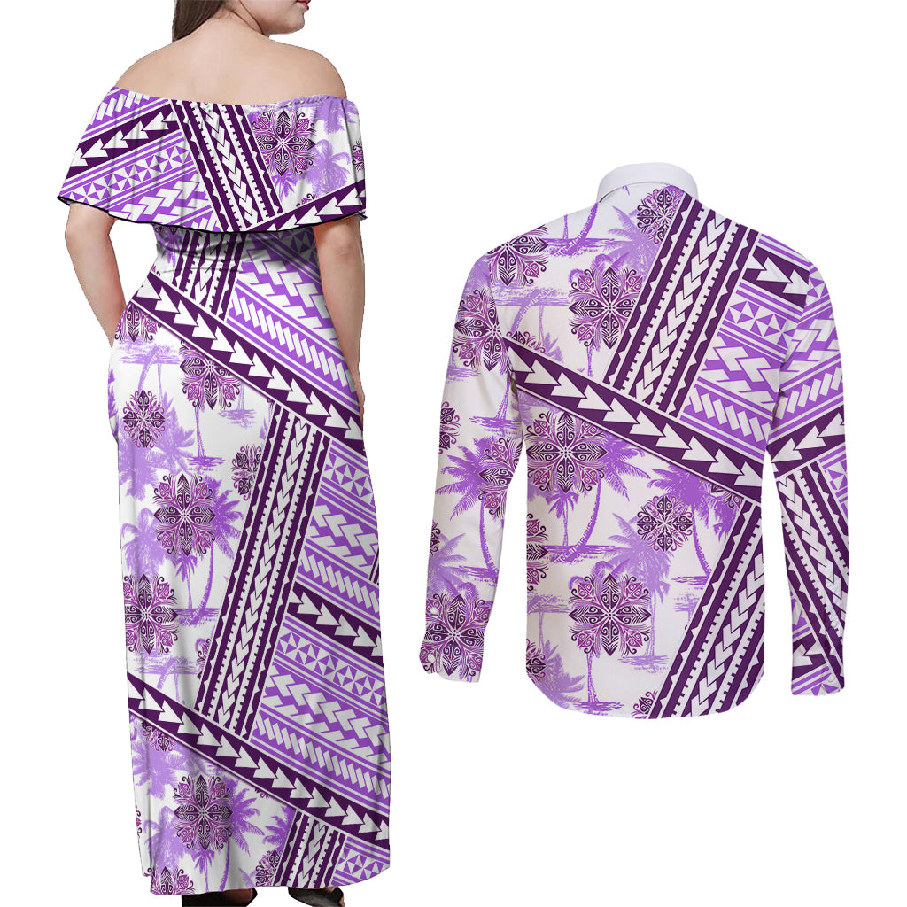 Hawaii Quilt Couples Matching Off Shoulder Maxi Dress and Long Sleeve Button Shirt Kakau Polynesian Pattern Lilac Version LT01 - Polynesian Pride