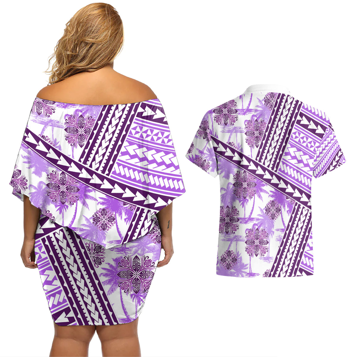 Hawaii Quilt Couples Matching Off Shoulder Short Dress and Hawaiian Shirt Kakau Polynesian Pattern Lilac Version LT01 - Polynesian Pride