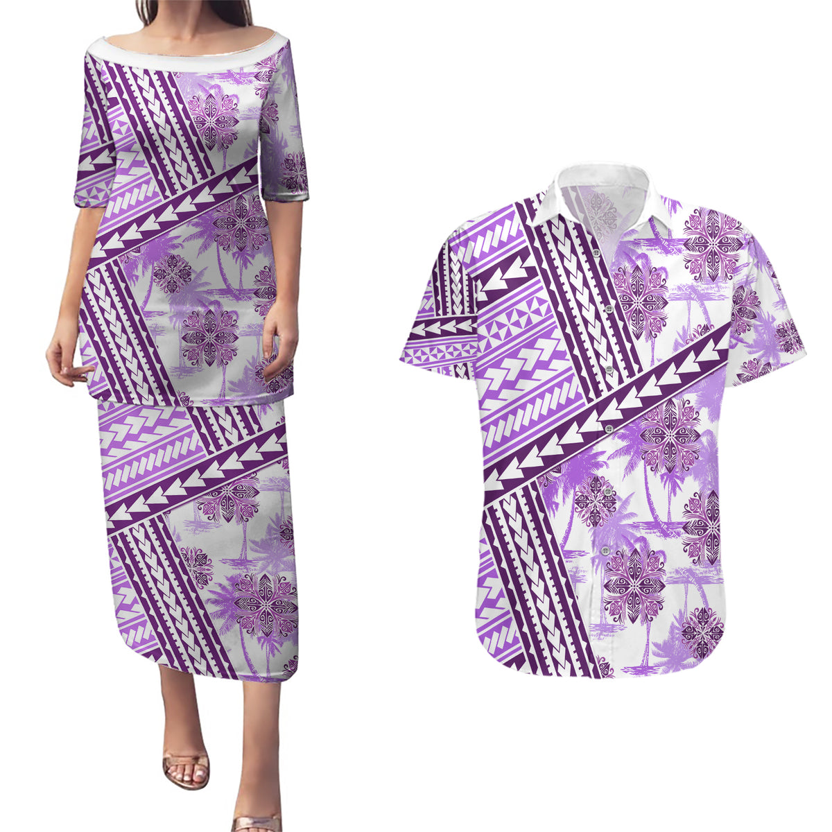 Hawaii Quilt Couples Matching Puletasi Dress and Hawaiian Shirt Kakau Polynesian Pattern Lilac Version LT01 Purple - Polynesian Pride