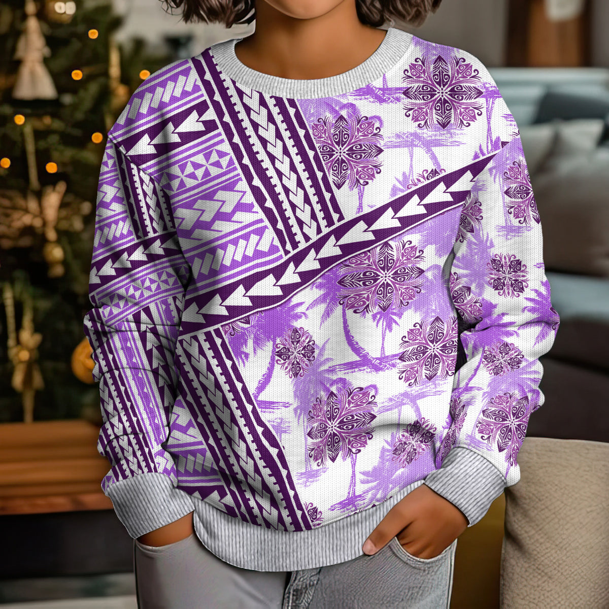 Hawaii Quilt Kid Ugly Christmas Sweater Kakau Polynesian Pattern Lilac Version LT01 - Polynesian Pride