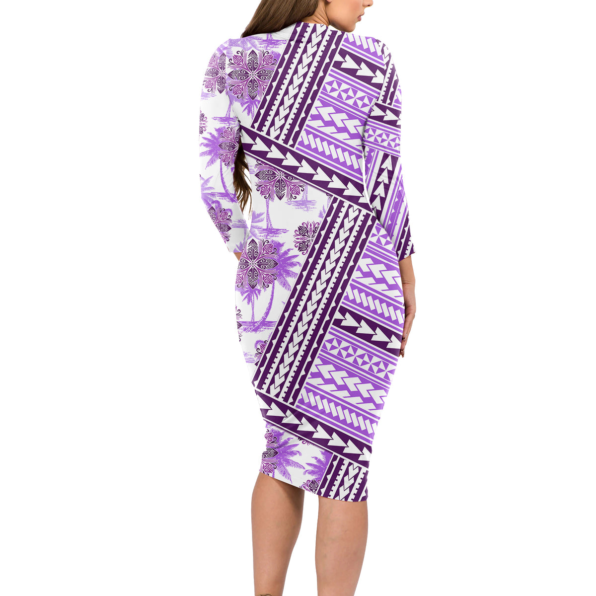 Hawaii Quilt Long Sleeve Bodycon Dress Kakau Polynesian Pattern Lilac Version LT01 - Polynesian Pride
