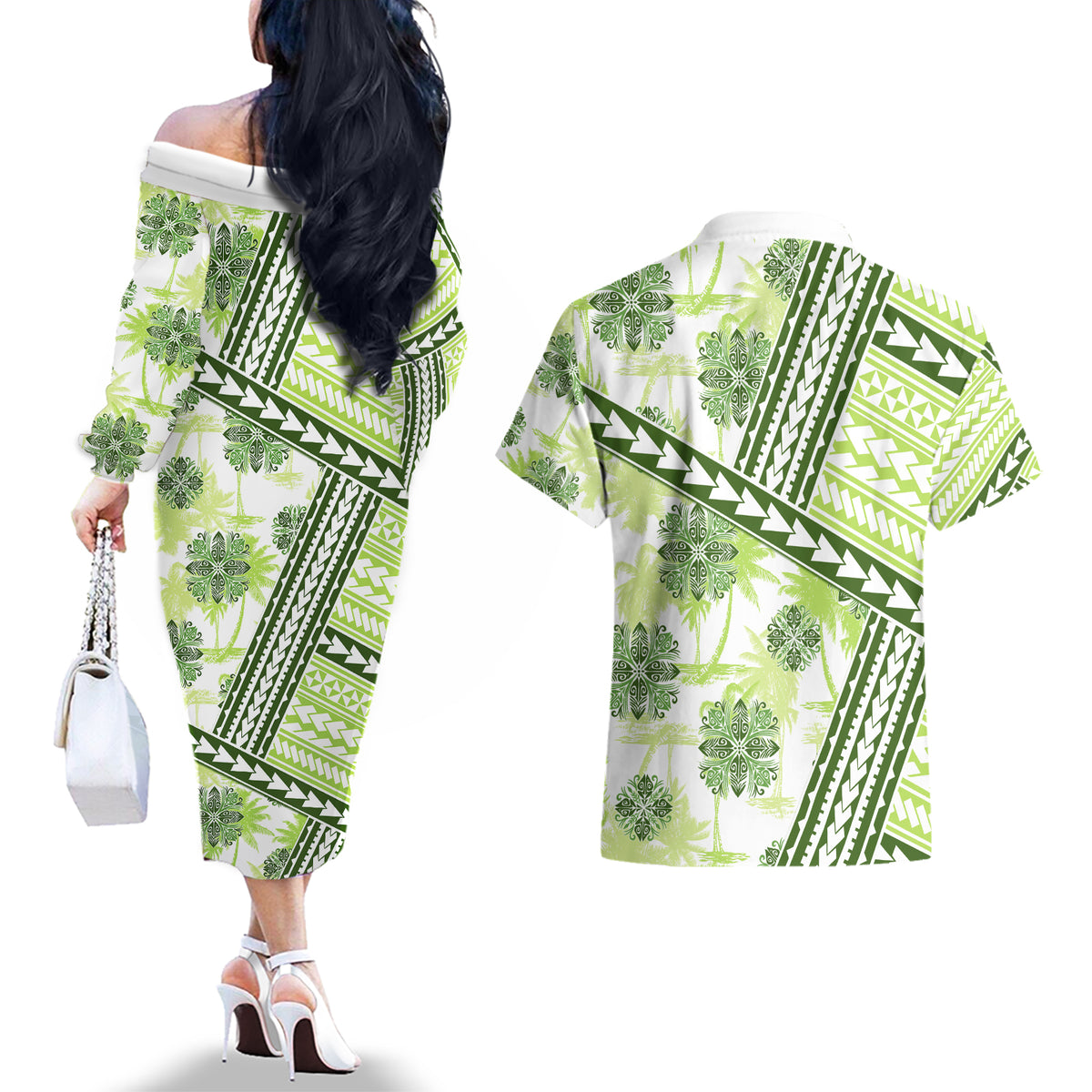 Hawaii Quilt Couples Matching Off The Shoulder Long Sleeve Dress and Hawaiian Shirt Kakau Polynesian Pattern Olive Green Version LT01 - Polynesian Pride