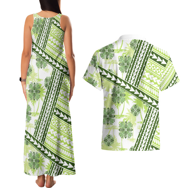 Personalised Maui Island Couples Matching Off Shoulder Maxi Dress and Hawaiian Shirt Kakau Tribal Mixed Polynesian Pattern Gold LT9 main image 1