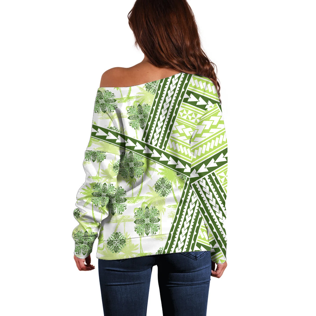 Hawaii Quilt Off Shoulder Sweater Kakau Polynesian Pattern Olive Green Version LT01 - Polynesian Pride