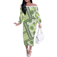 Hawaii Quilt Off The Shoulder Long Sleeve Dress Kakau Polynesian Pattern Olive Green Version LT01 Women Green - Polynesian Pride