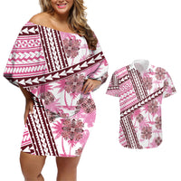 Hawaii Quilt Couples Matching Off Shoulder Short Dress and Hawaiian Shirt Kakau Polynesian Pattern Mauve Pink Version LT01 Pink - Polynesian Pride