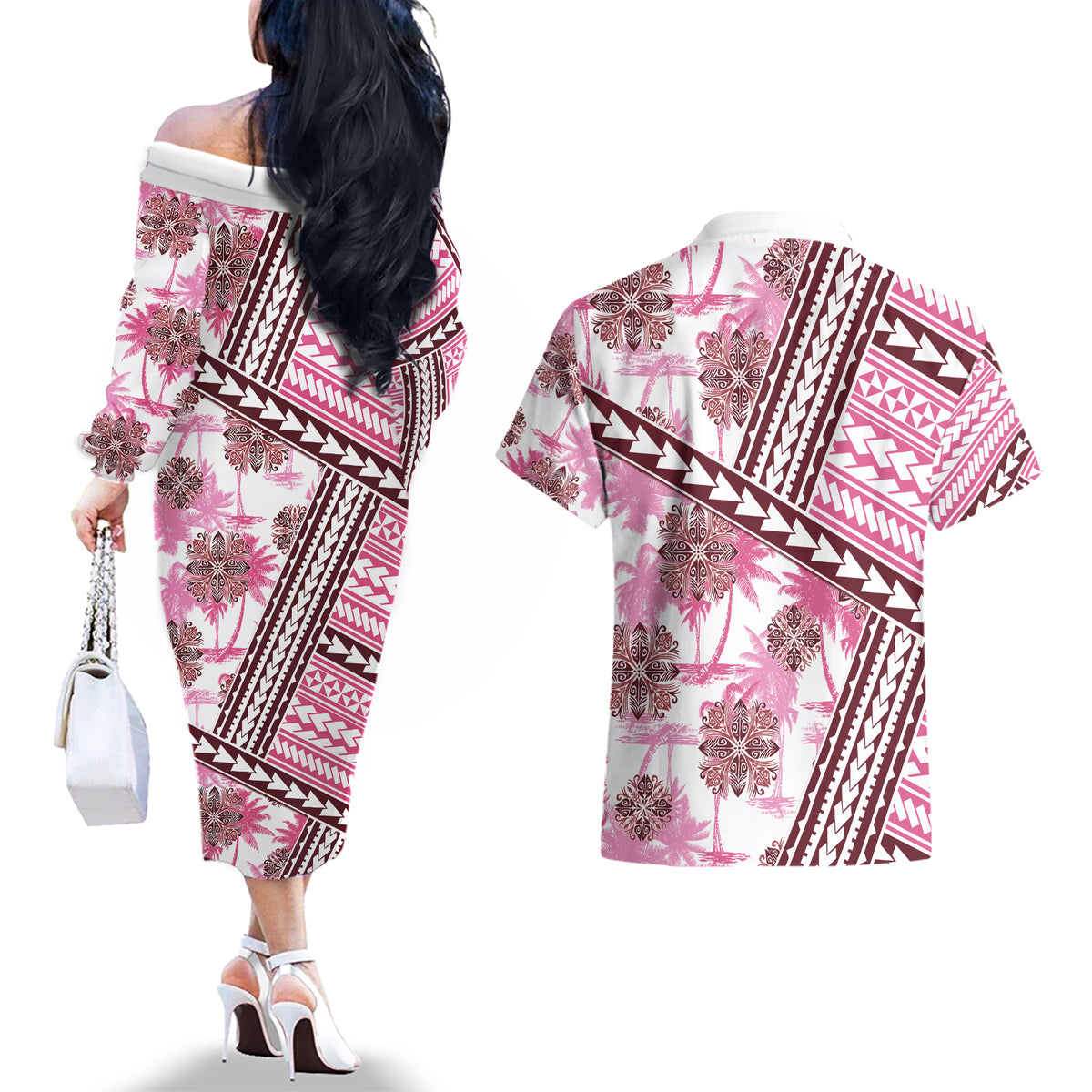 Hawaii Quilt Couples Matching Off The Shoulder Long Sleeve Dress and Hawaiian Shirt Kakau Polynesian Pattern Mauve Pink Version LT01 - Polynesian Pride