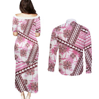 Hawaii Quilt Couples Matching Puletasi Dress and Long Sleeve Button Shirt Kakau Polynesian Pattern Mauve Pink Version LT01 - Polynesian Pride