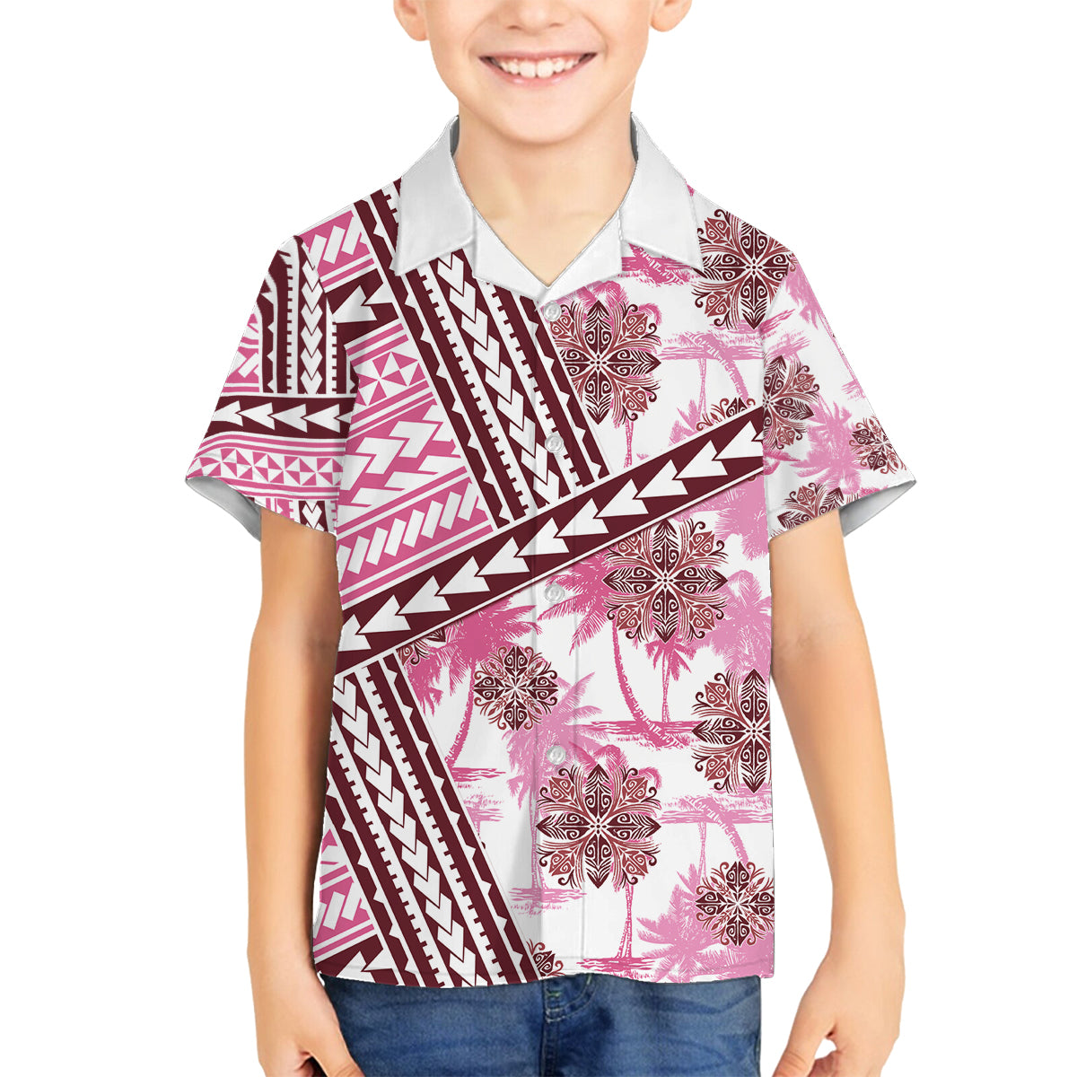 Hawaii Quilt Family Matching Off Shoulder Maxi Dress and Hawaiian Shirt Kakau Polynesian Pattern Mauve Pink Version LT01 Son's Shirt Pink - Polynesian Pride
