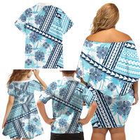 Hawaii Quilt Family Matching Off Shoulder Short Dress and Hawaiian Shirt Kakau Polynesian Pattern Sky Blue Version LT01 - Polynesian Pride