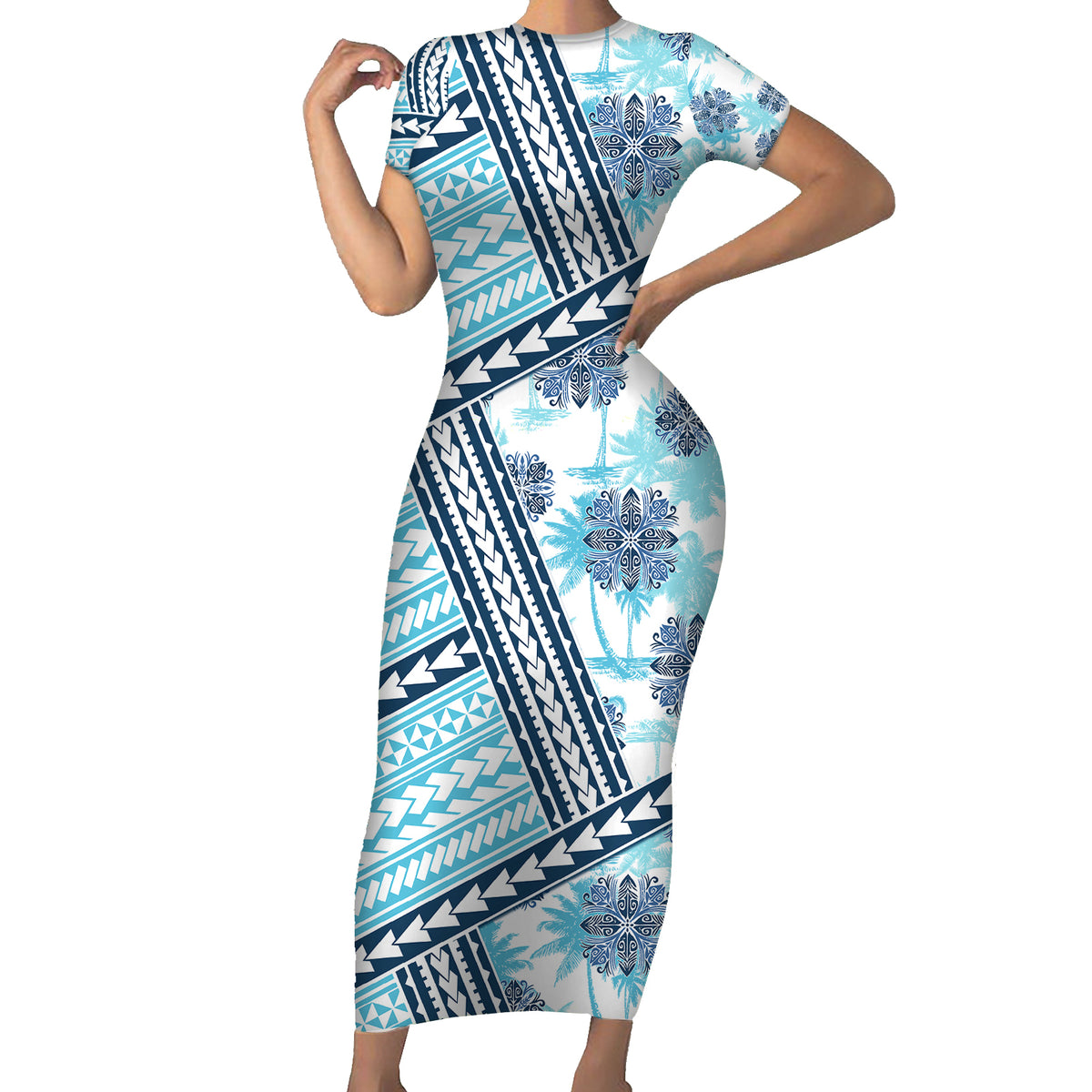 Hawaii Quilt Family Matching Short Sleeve Bodycon Dress and Hawaiian Shirt Kakau Polynesian Pattern Sky Blue Version LT01 Mom's Dress Blue - Polynesian Pride