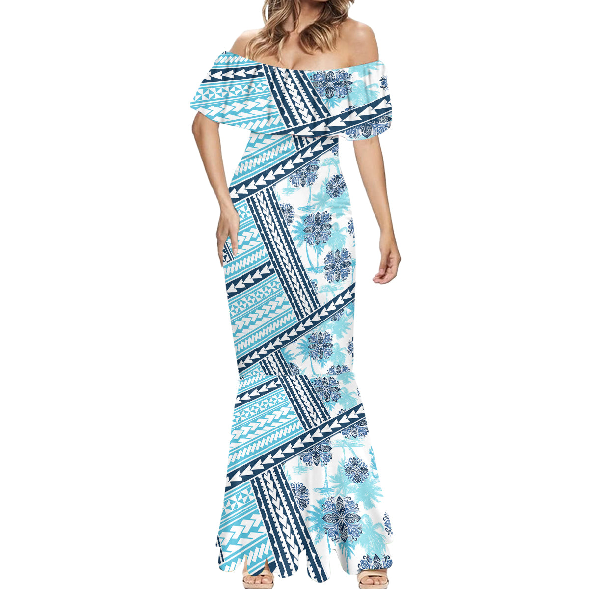 Hawaii Quilt Mermaid Dress Kakau Polynesian Pattern Sky Blue Version LT01 - Polynesian Pride