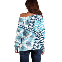 Hawaii Quilt Off Shoulder Sweater Kakau Polynesian Pattern Sky Blue Version LT01 - Polynesian Pride