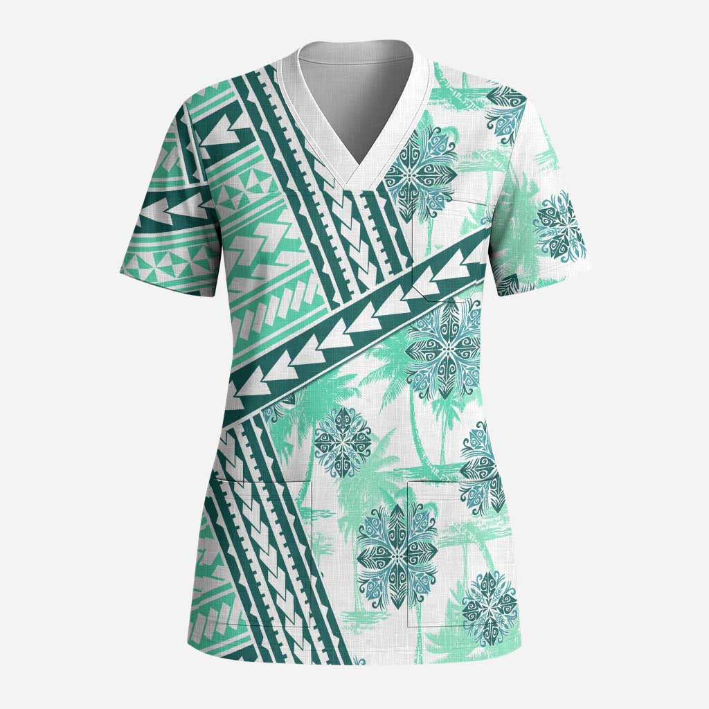 Hawaii Quilt Scrub Top Kakau Polynesian Pattern Teal Version - Polynesian Pride