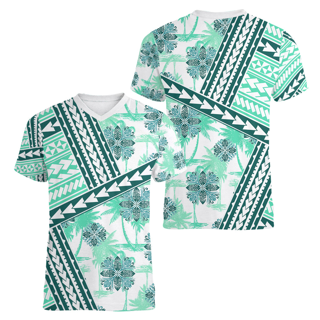 Hawaii Quilt Women V Neck T Shirt Kakau Polynesian Pattern Teal Version LT01 - Polynesian Pride