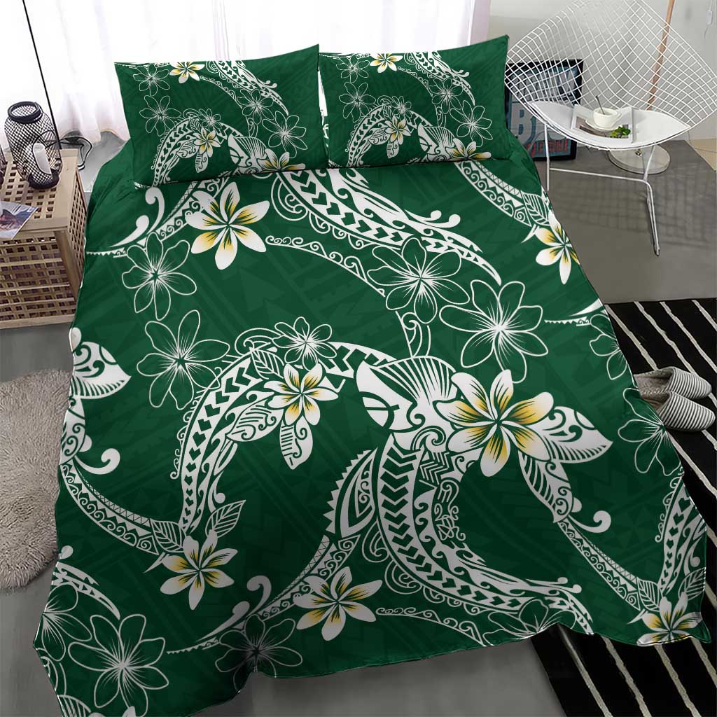 Polynesian Hawaiian Plumeria Tribal Pattern Bedding Set Green Version
