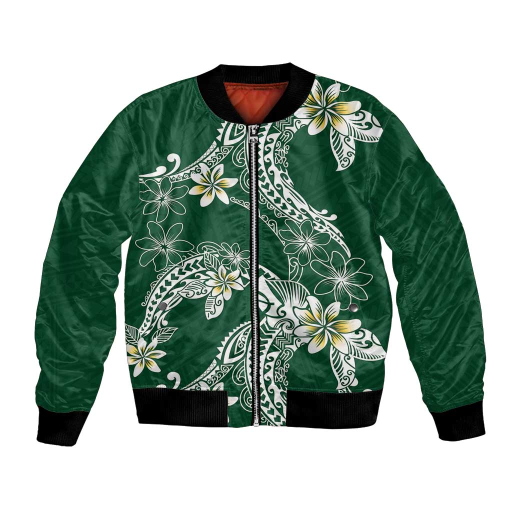 Polynesian Hawaiian Plumeria Tribal Pattern Bomber Jacket Green Version LT01 Unisex Green - Polynesian Pride