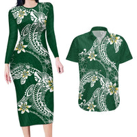 Polynesian Hawaiian Plumeria Tribal Pattern Couples Matching Long Sleeve Bodycon Dress and Hawaiian Shirt Green Version