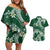 Polynesian Hawaiian Plumeria Tribal Pattern Couples Matching Off Shoulder Short Dress and Hawaiian Shirt Green Version