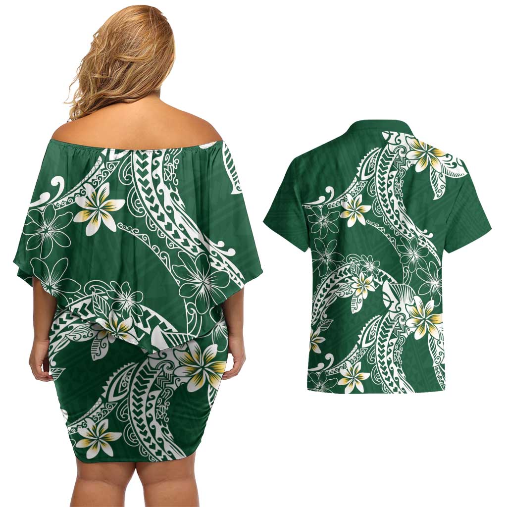 Polynesian Hawaiian Plumeria Tribal Pattern Couples Matching Off Shoulder Short Dress and Hawaiian Shirt Green Version