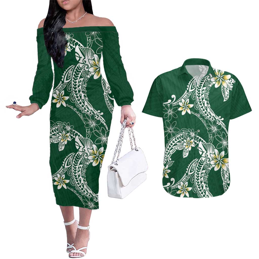 Polynesian Hawaiian Plumeria Tribal Pattern Couples Matching Off The Shoulder Long Sleeve Dress and Hawaiian Shirt Green Version