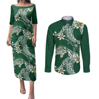Polynesian Hawaiian Plumeria Tribal Pattern Couples Matching Puletasi and Long Sleeve Button Shirt Green Version