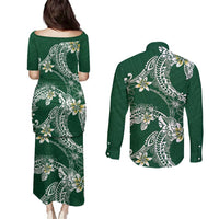 Polynesian Hawaiian Plumeria Tribal Pattern Couples Matching Puletasi and Long Sleeve Button Shirt Green Version