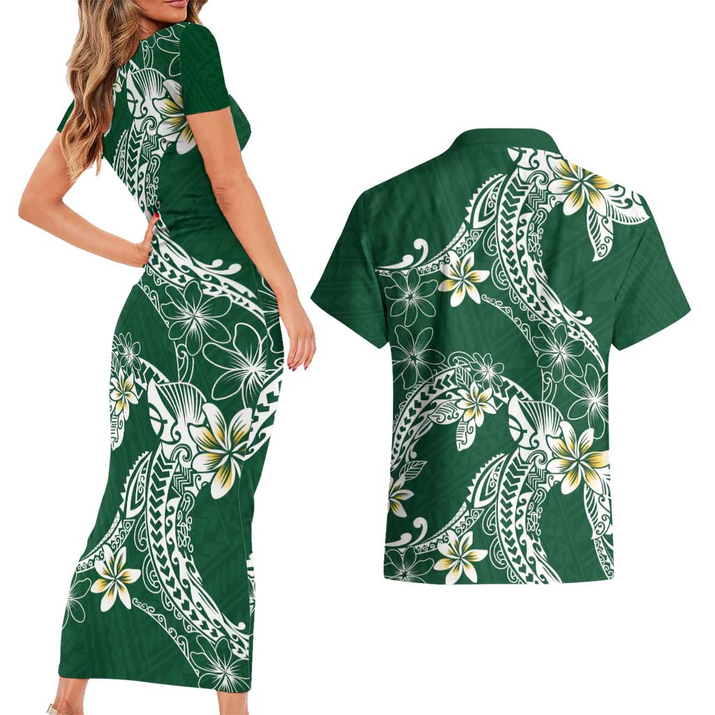 Polynesian Hawaiian Plumeria Tribal Pattern Couples Matching Short Sleeve Bodycon Dress and Hawaiian Shirt Green Version