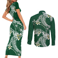 Polynesian Hawaiian Plumeria Tribal Pattern Couples Matching Short Sleeve Bodycon Dress and Long Sleeve Button Shirt Green Version