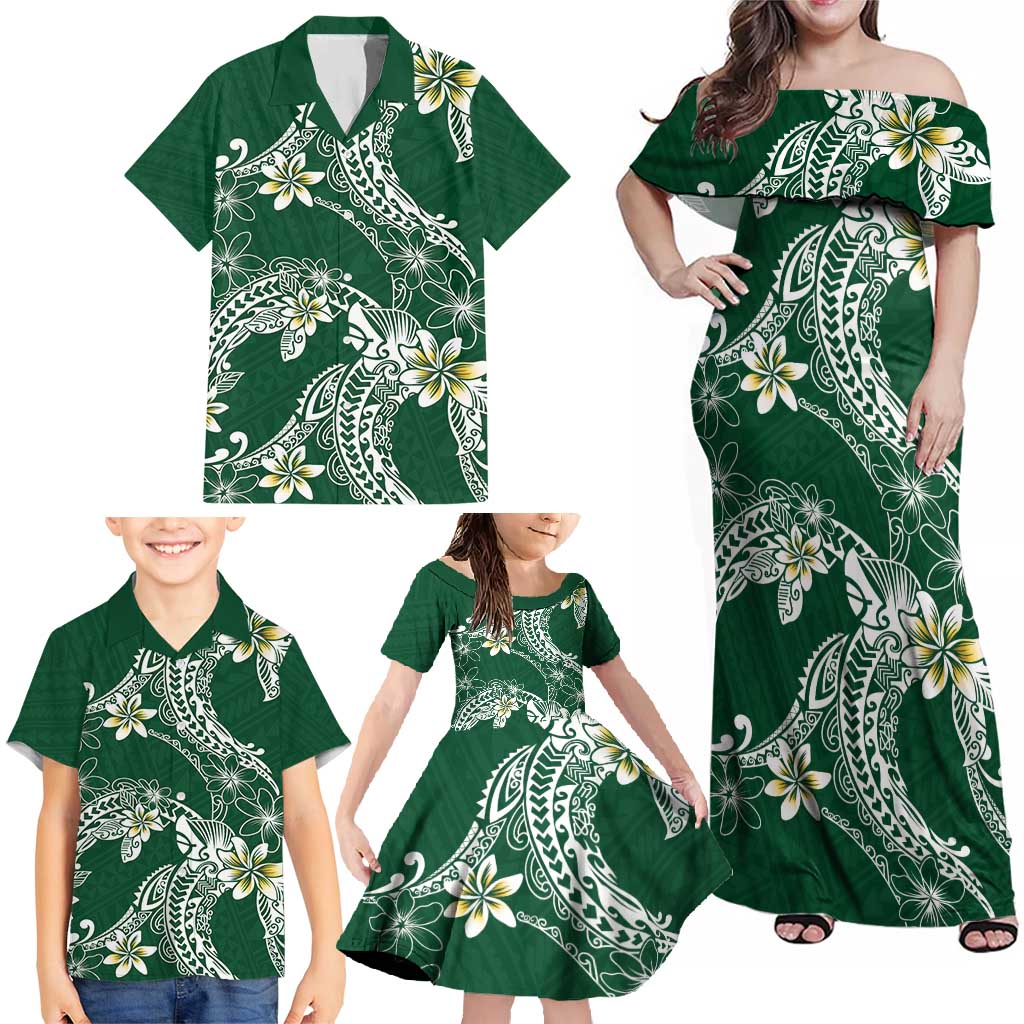 Polynesian Hawaiian Plumeria Tribal Pattern Family Matching Off Shoulder Maxi Dress and Hawaiian Shirt Green Version