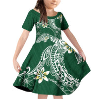 Polynesian Hawaiian Plumeria Tribal Pattern Family Matching Off Shoulder Short Dress and Hawaiian Shirt Green Version