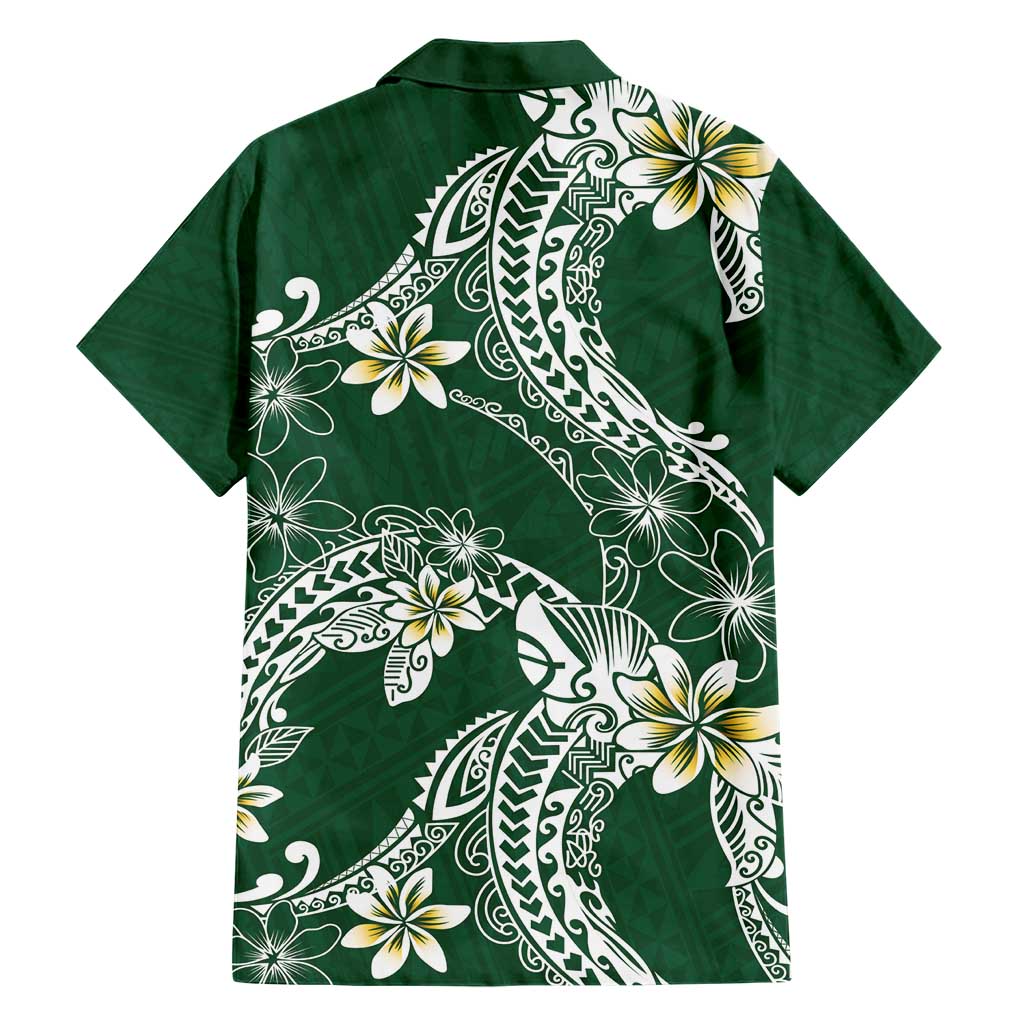 Polynesian Hawaiian Plumeria Tribal Pattern Family Matching Short Sleeve Bodycon Dress and Hawaiian Shirt Green Version