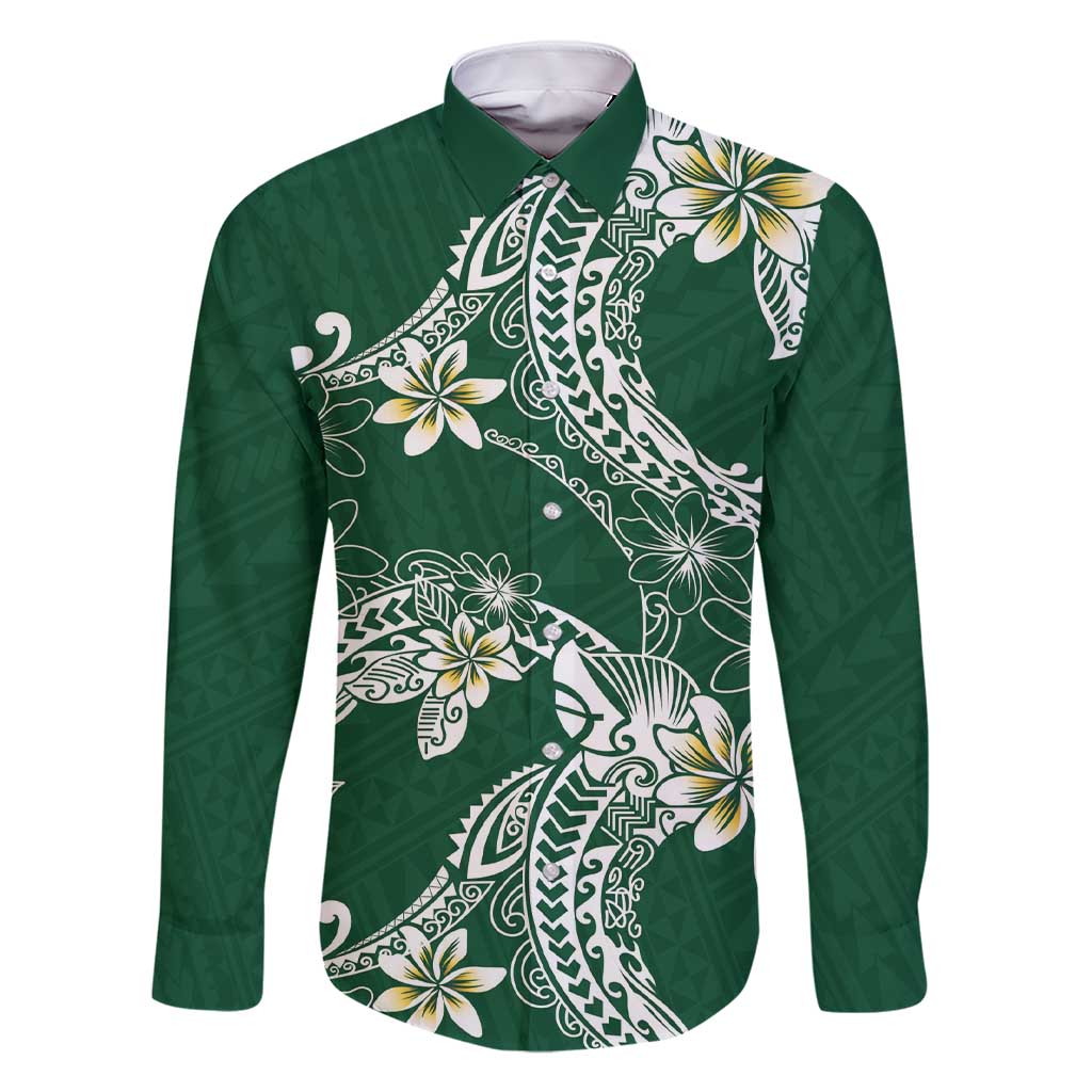 Polynesian Hawaiian Plumeria Tribal Pattern Family Matching Short Sleeve Bodycon Dress and Hawaiian Shirt Green Version