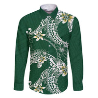 Polynesian Hawaiian Plumeria Tribal Pattern Family Matching Short Sleeve Bodycon Dress and Hawaiian Shirt Green Version
