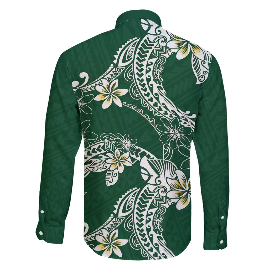 Polynesian Hawaiian Plumeria Tribal Pattern Family Matching Short Sleeve Bodycon Dress and Hawaiian Shirt Green Version