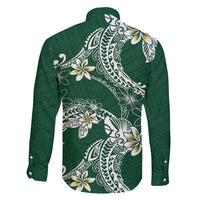 Polynesian Hawaiian Plumeria Tribal Pattern Family Matching Short Sleeve Bodycon Dress and Hawaiian Shirt Green Version