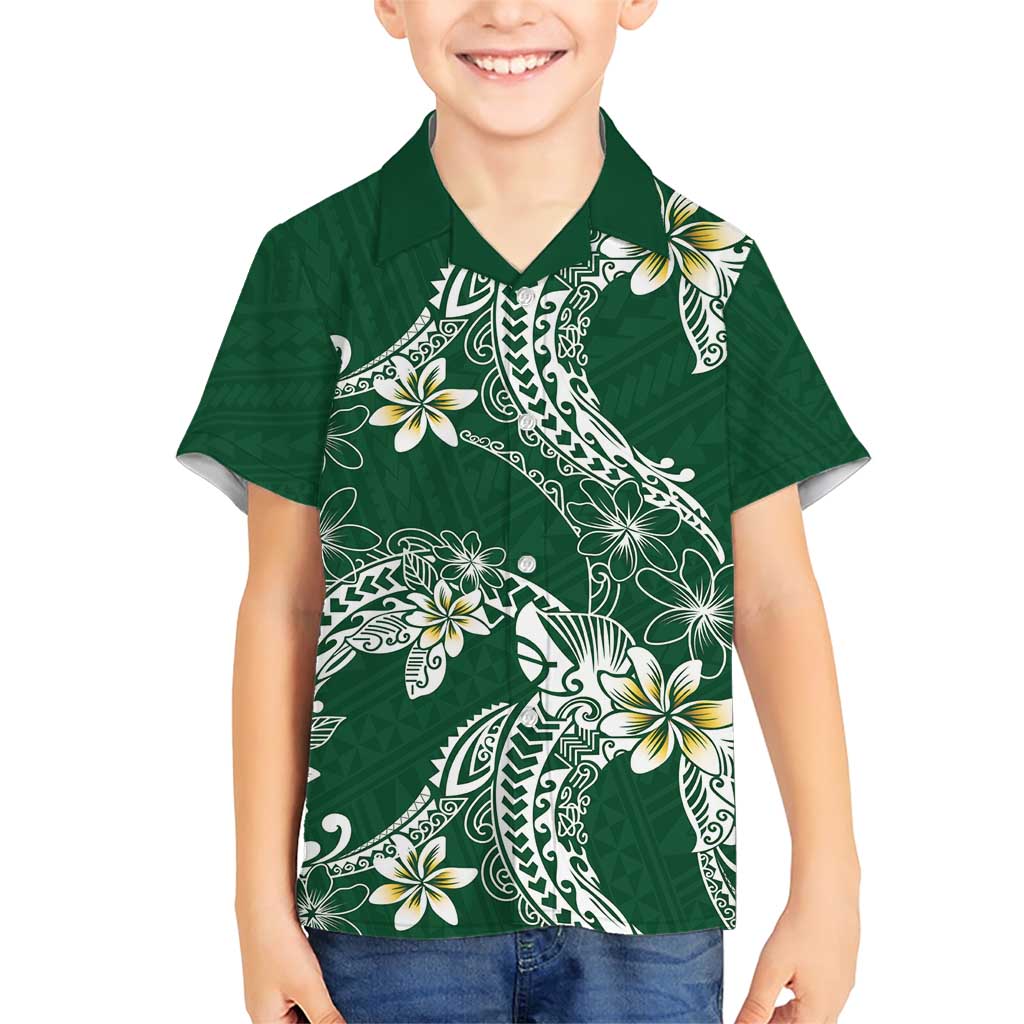 Polynesian Hawaiian Plumeria Tribal Pattern Family Matching Short Sleeve Bodycon Dress and Hawaiian Shirt Green Version