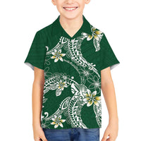 Polynesian Hawaiian Plumeria Tribal Pattern Family Matching Short Sleeve Bodycon Dress and Hawaiian Shirt Green Version