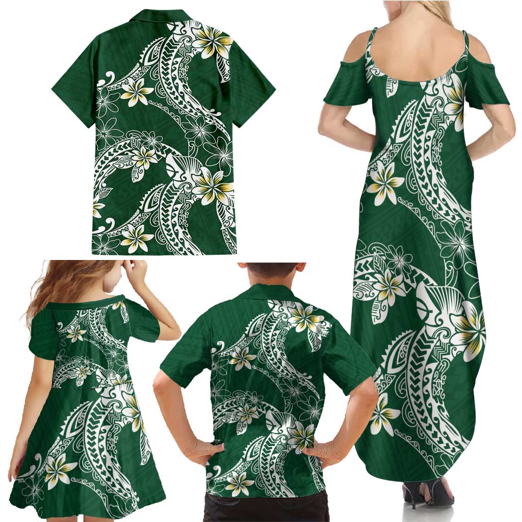 Polynesian Hawaiian Plumeria Tribal Pattern Family Matching Summer Maxi Dress and Hawaiian Shirt Green Version