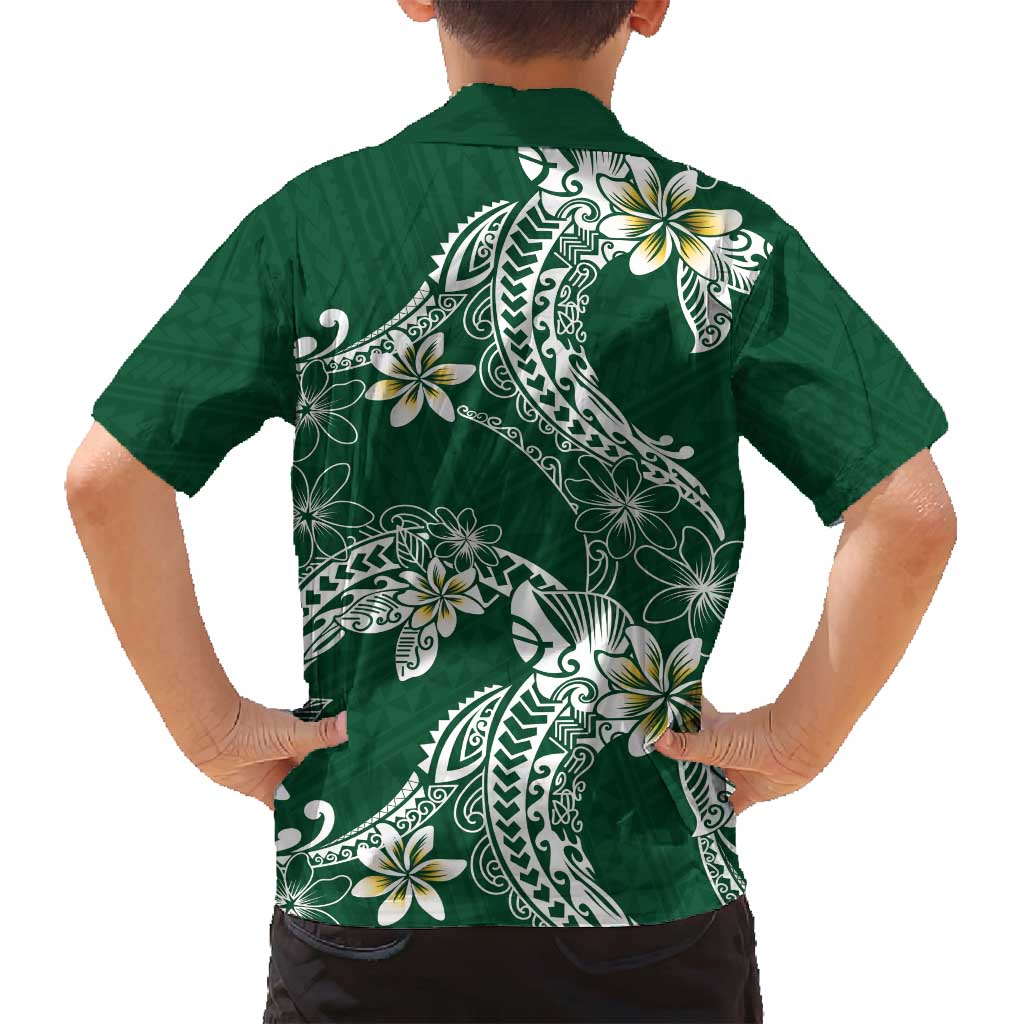 Polynesian Hawaiian Plumeria Tribal Pattern Family Matching Tank Maxi Dress and Hawaiian Shirt Green Version