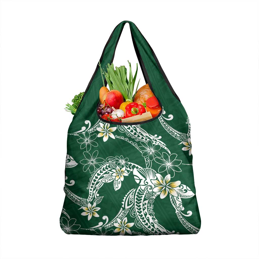 Polynesian Hawaiian Plumeria Tribal Pattern Grocery Bag Green Version