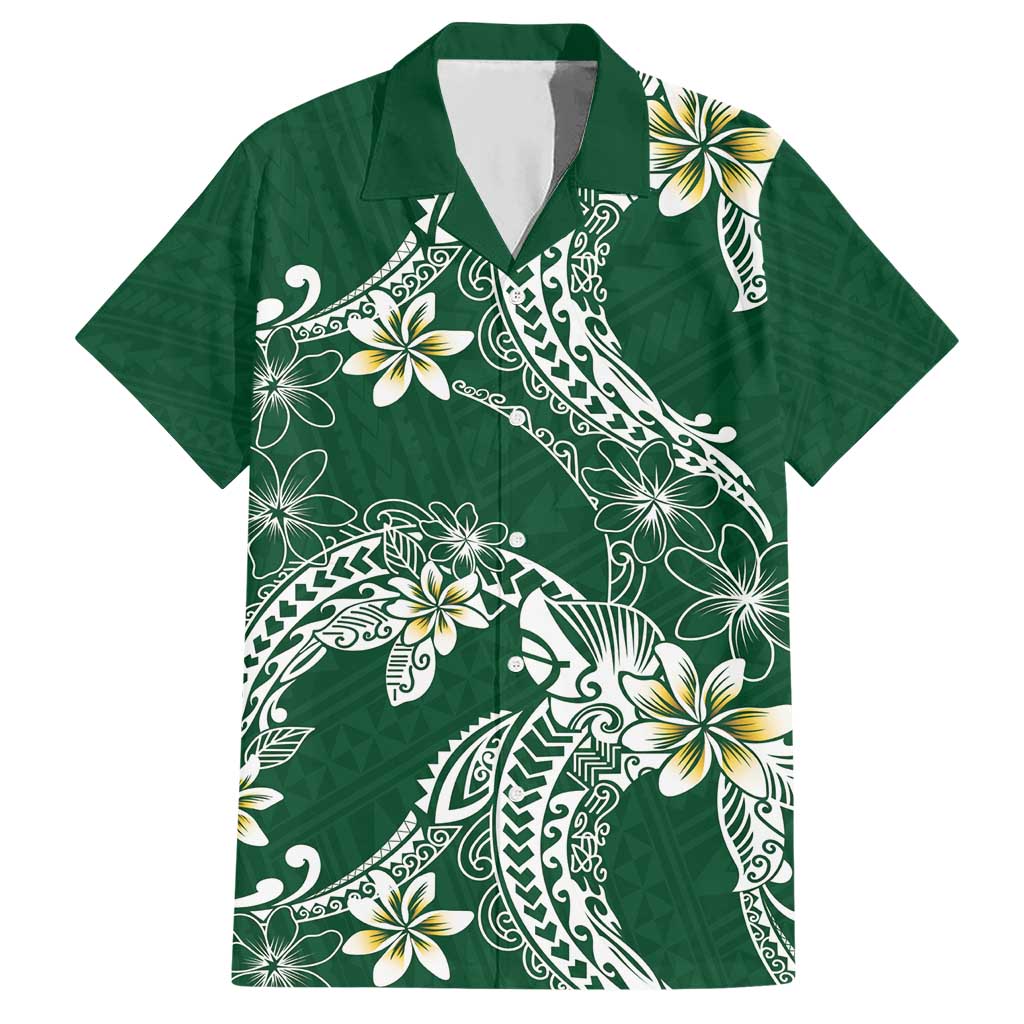 Polynesian Hawaiian Plumeria Tribal Pattern Hawaiian Shirt Green Version
