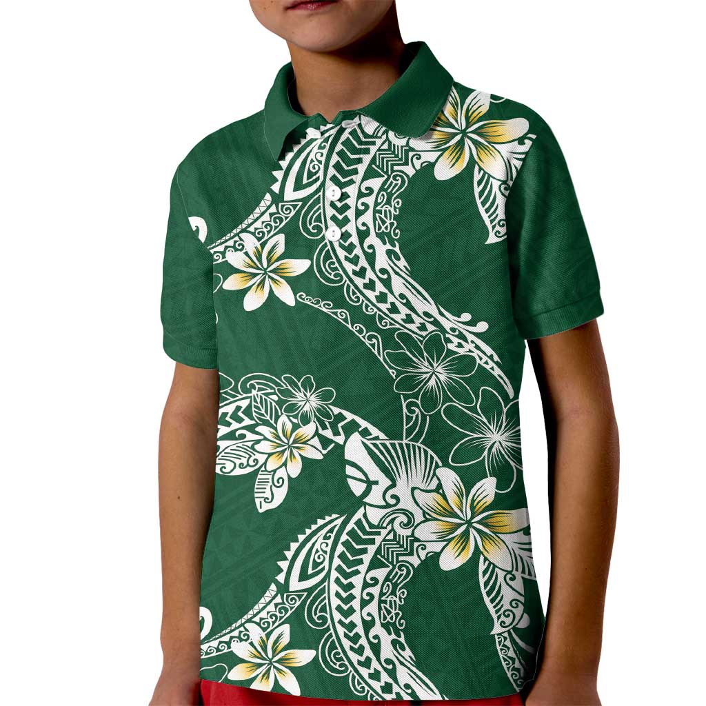 Polynesian Hawaiian Plumeria Tribal Pattern Kid Polo Shirt Green Version