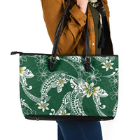 Polynesian Hawaiian Plumeria Tribal Pattern Leather Tote Bag Green Version