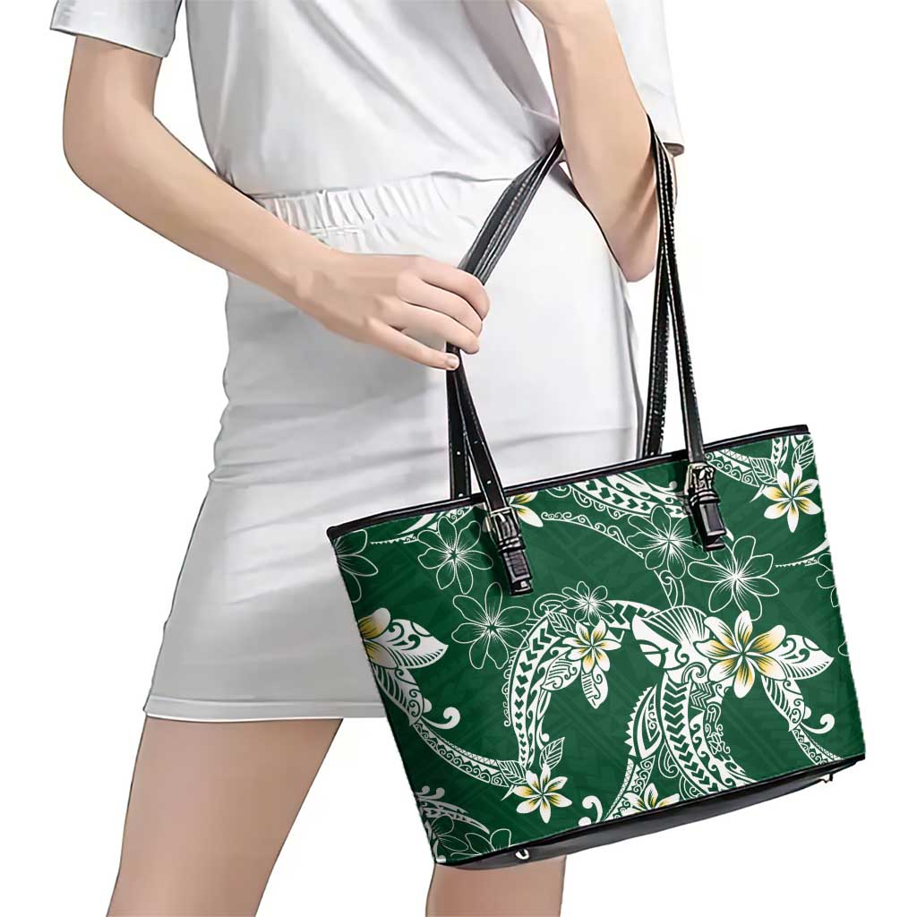 Polynesian Hawaiian Plumeria Tribal Pattern Leather Tote Bag Green Version