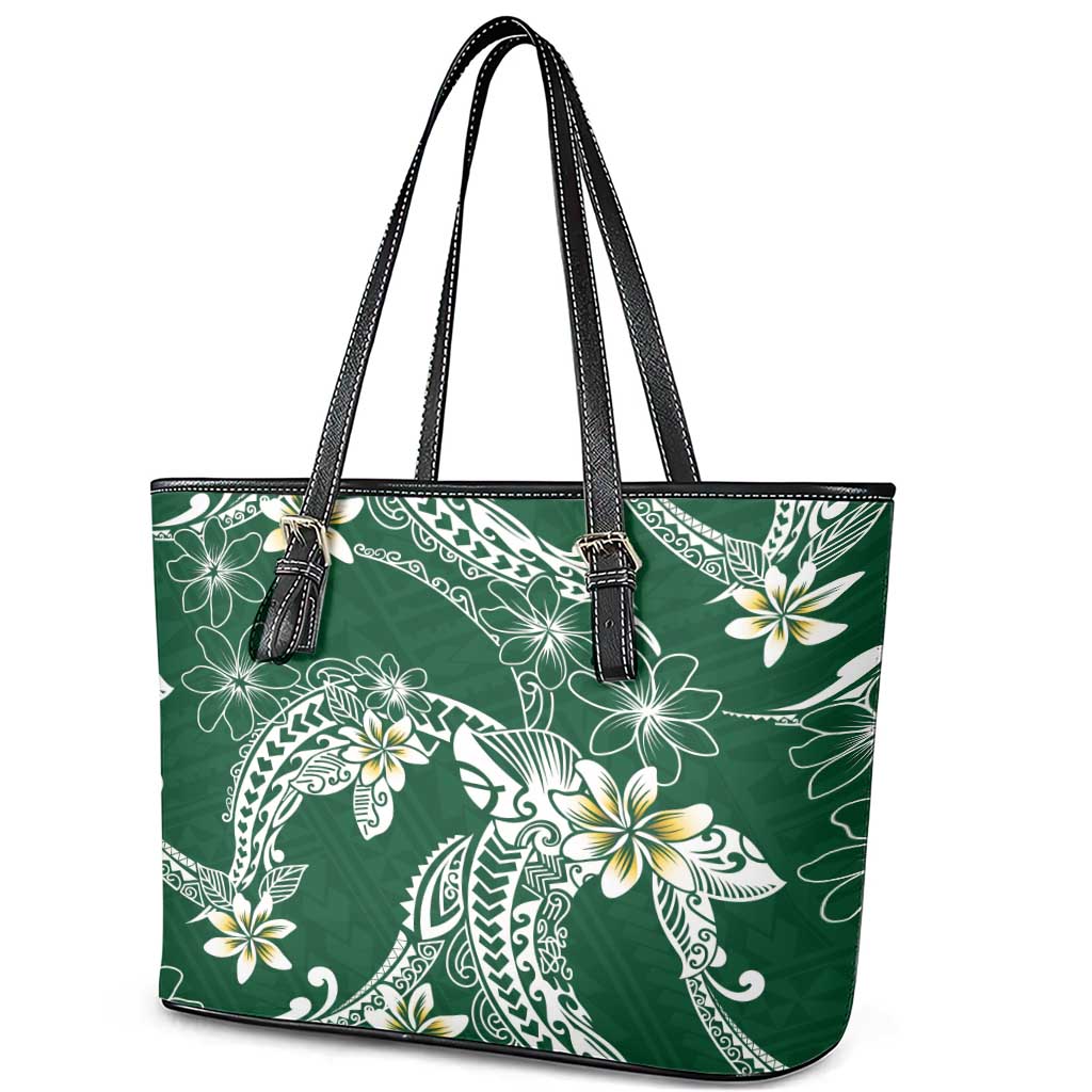 Polynesian Hawaiian Plumeria Tribal Pattern Leather Tote Bag Green Version