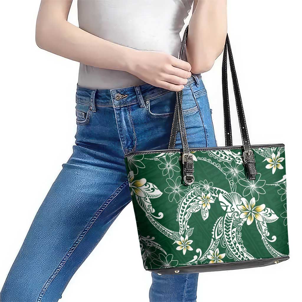 Polynesian Hawaiian Plumeria Tribal Pattern Leather Tote Bag Green Version