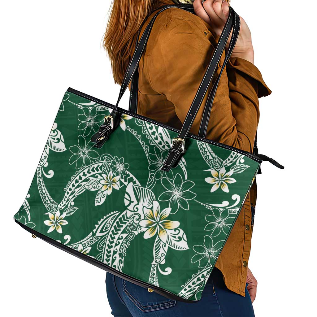 Polynesian Hawaiian Plumeria Tribal Pattern Leather Tote Bag Green Version