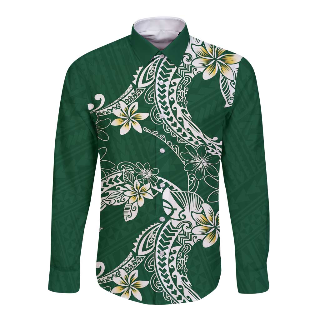 Polynesian Hawaiian Plumeria Tribal Pattern Long Sleeve Button Shirt Green Version