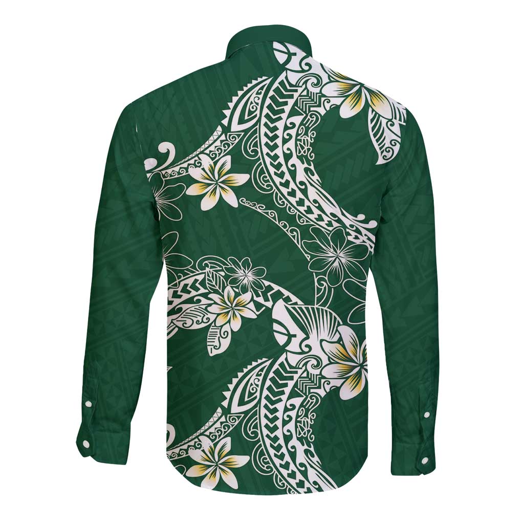 Polynesian Hawaiian Plumeria Tribal Pattern Long Sleeve Button Shirt Green Version